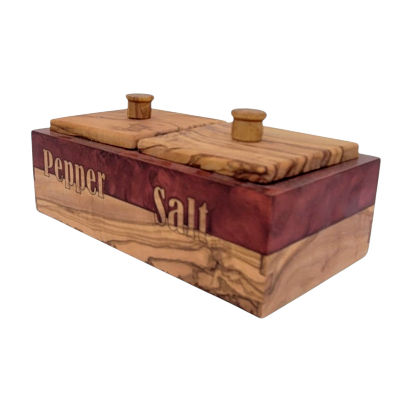 Handcrafted Olive Wood Salt and Pepper Box with Red Resin Inlay - Rustic Kitchen Spice Holder, Dual Compartment Storage.