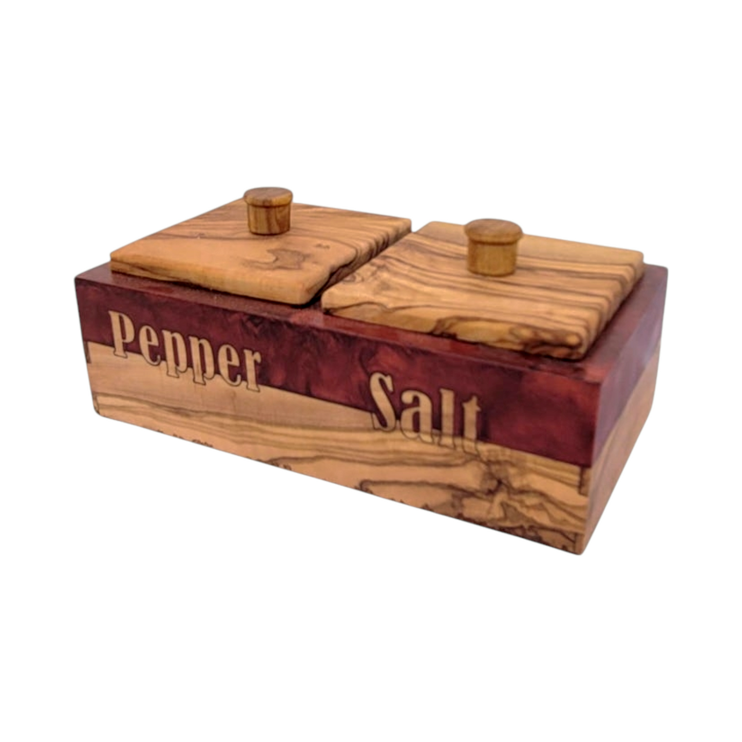 Handcrafted Olive Wood Salt and Pepper Box with Red Resin Inlay - Rustic Kitchen Spice Holder, Dual Compartment Storage.