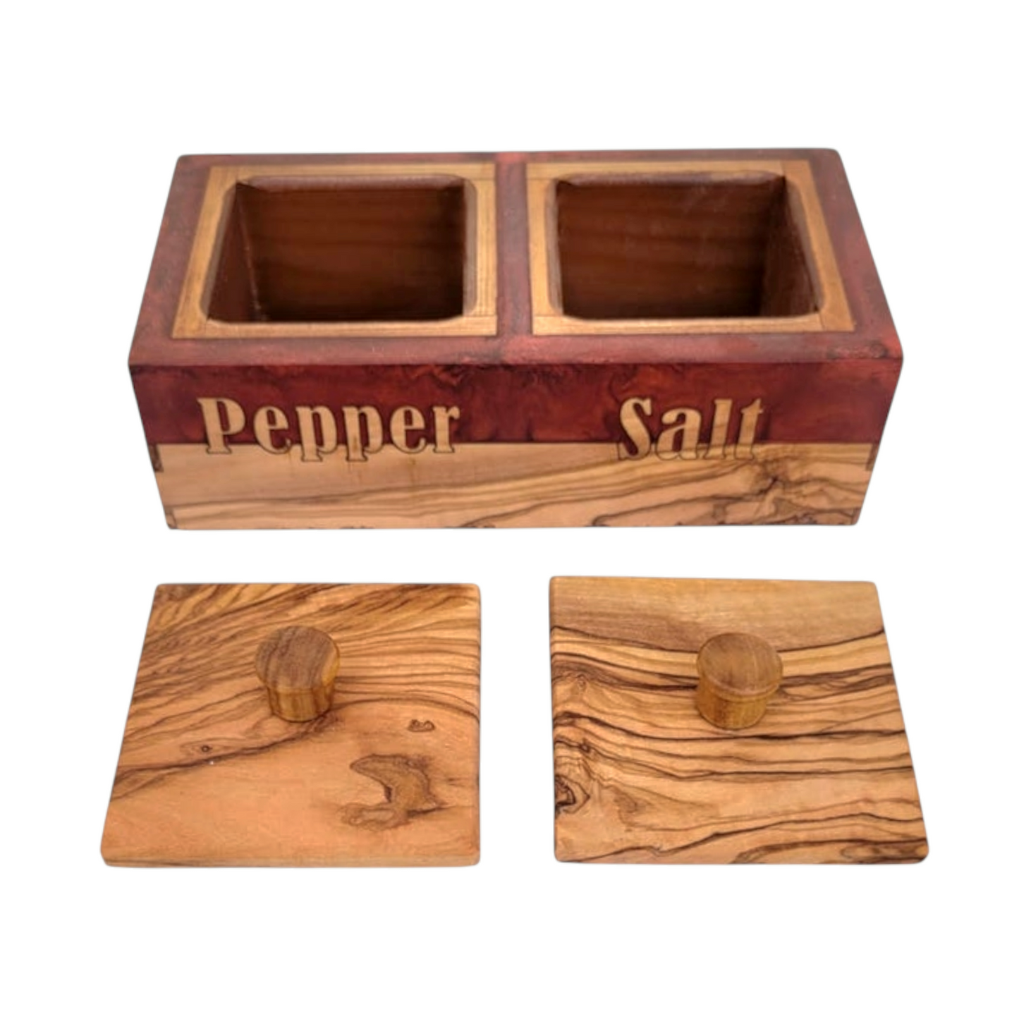 Handcrafted Olive Wood Salt and Pepper Box with Red Resin Inlay - Rustic Kitchen Spice Holder, Dual Compartment Storage.