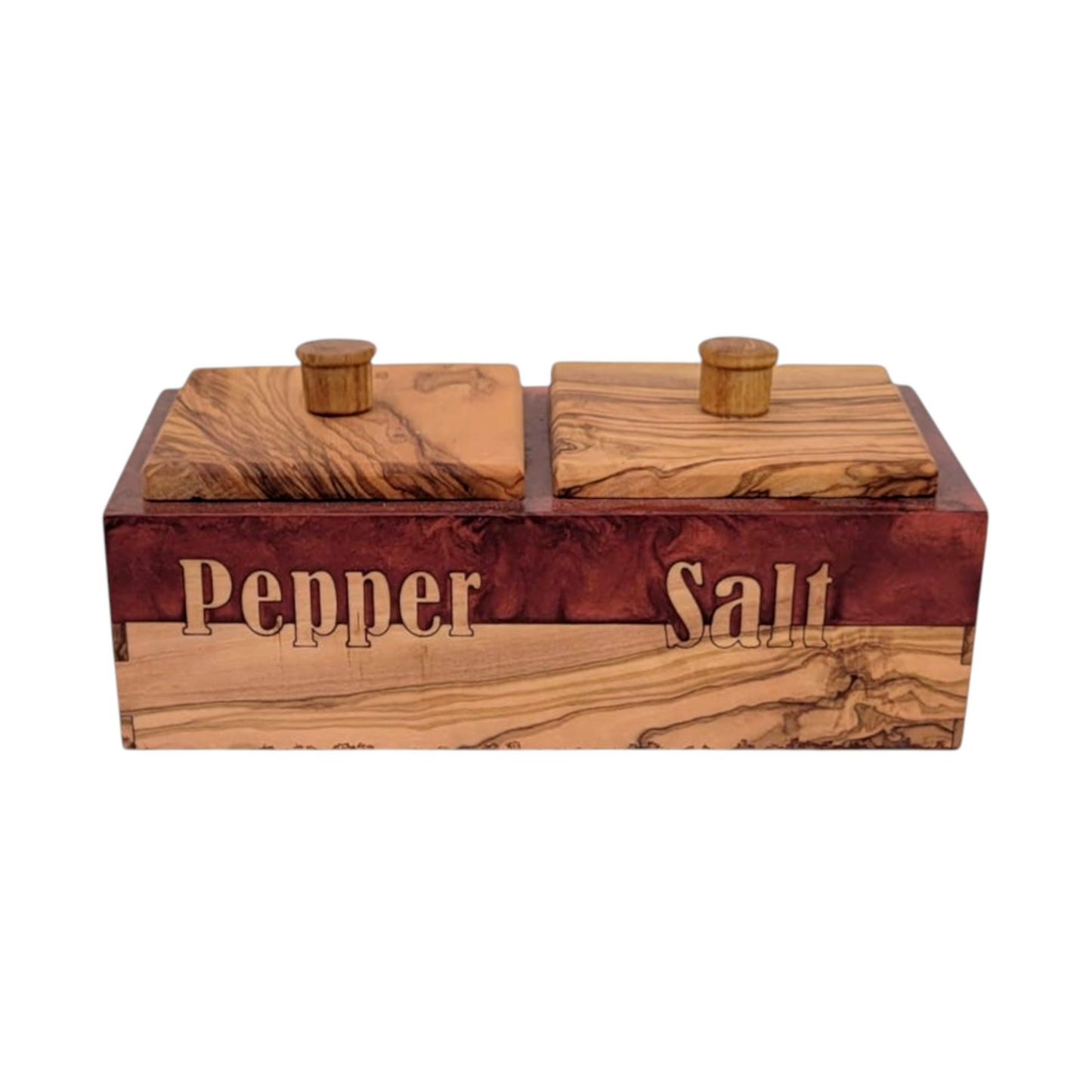 Handcrafted Olive Wood Salt and Pepper Box with Red Resin Inlay - Rustic Kitchen Spice Holder, Dual Compartment Storage.