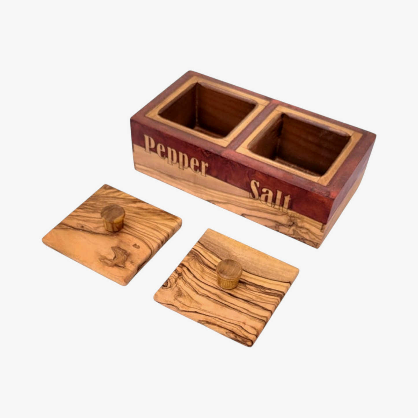 Handcrafted Olive Wood Salt and Pepper Box with Red Resin Inlay - Rustic Kitchen Spice Holder, Dual Compartment Storage.