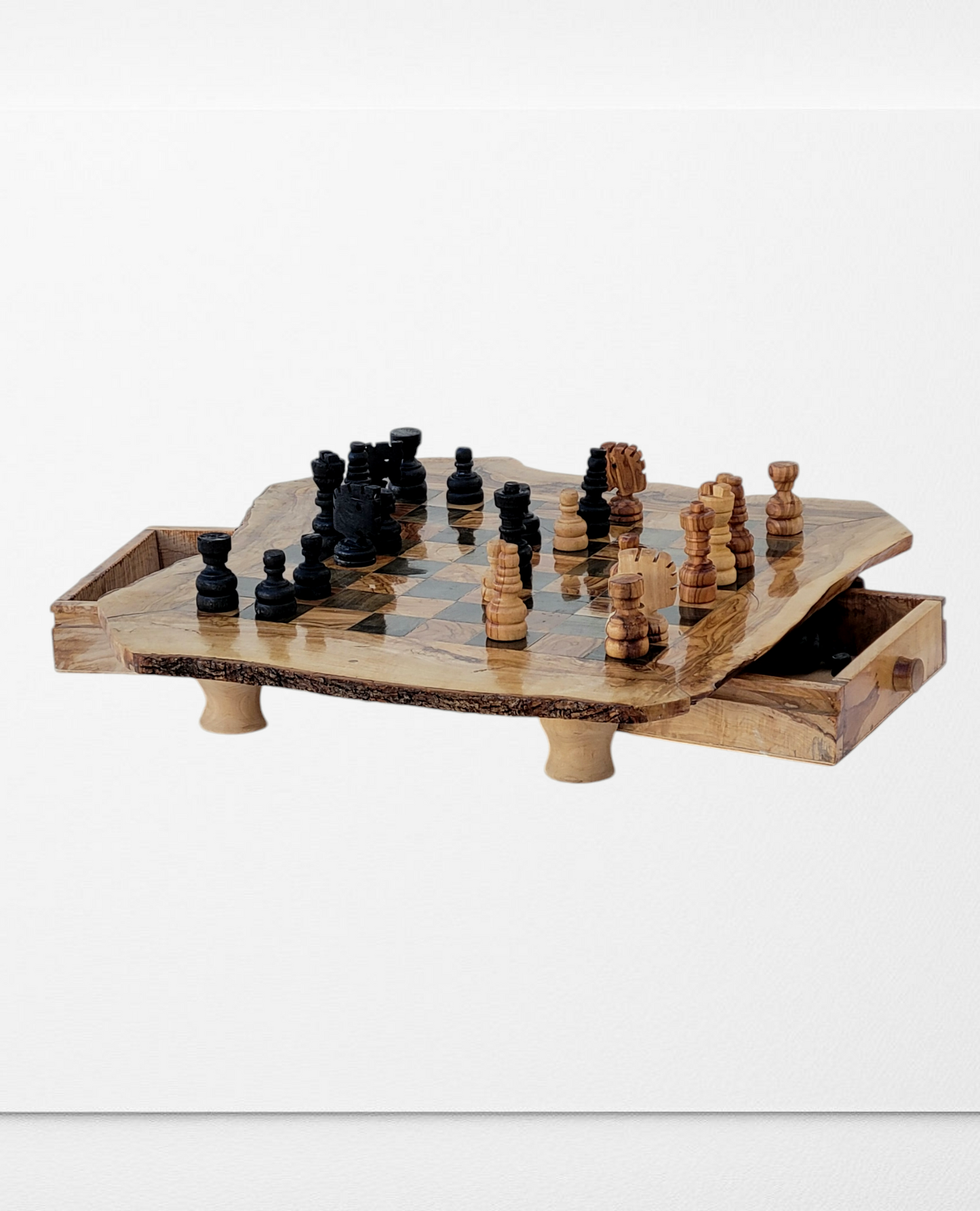 Large olivewood chess set : Chess board with live edges and chess pieces with storage drawers