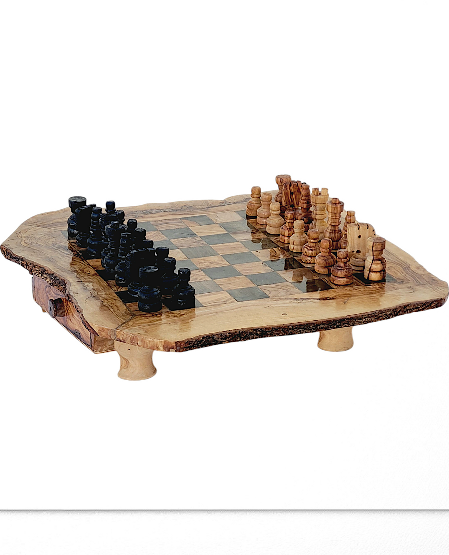 Large olivewood chess set : Chess board with live edges and chess pieces with storage drawers