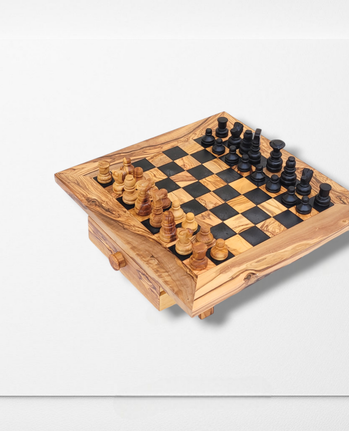 squared Olive Wood and Black Resin Chessboard with Storage Drawers and Playing Pieces