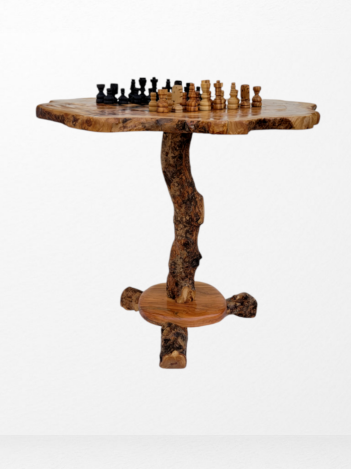 Large Chess Table with Built-in Storage and chess pieces ,Rustic Coffee Table Design – Natural Edge