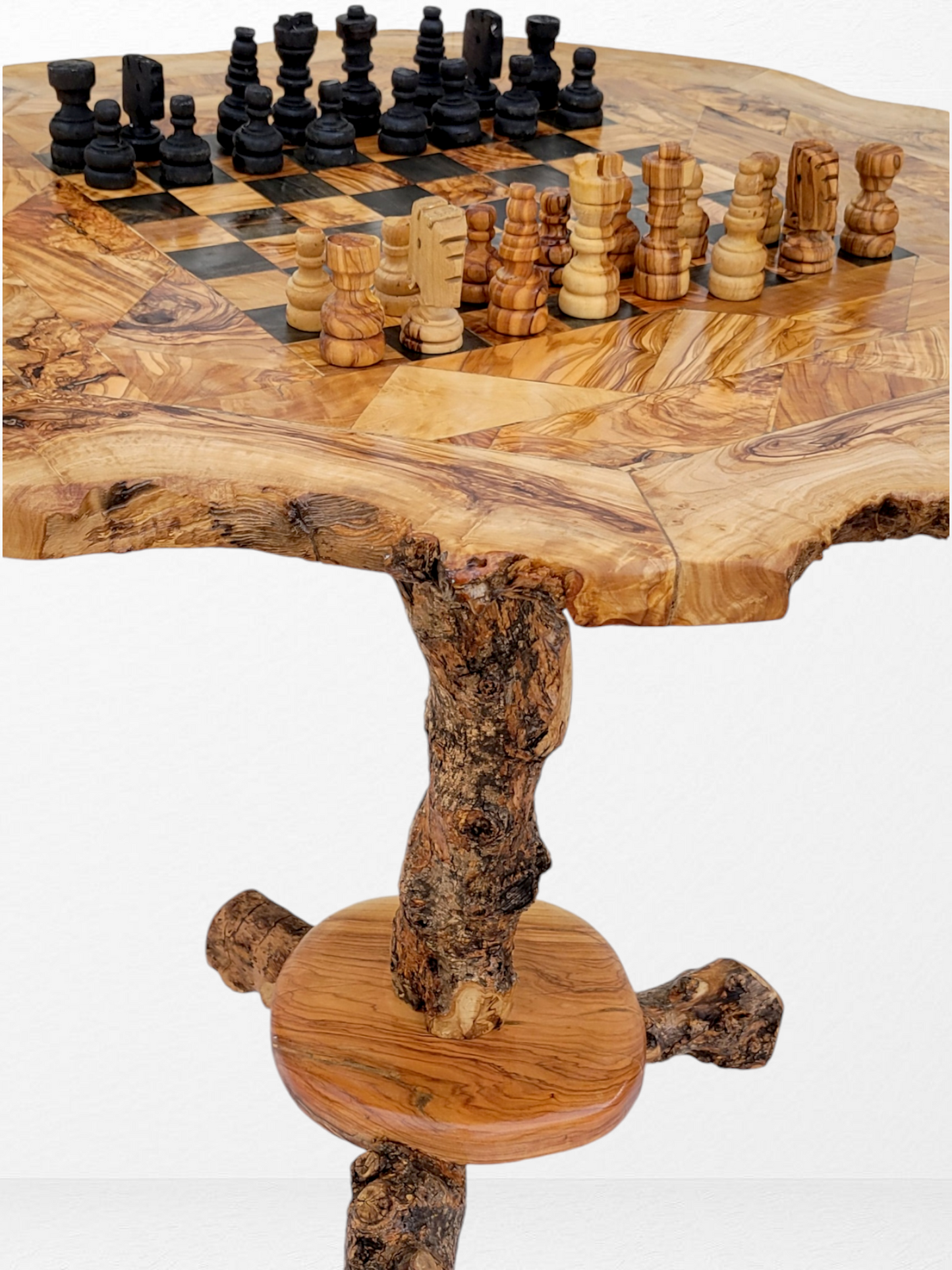 Large Chess Table with Built-in Storage and chess pieces ,Rustic Coffee Table Design – Natural Edge