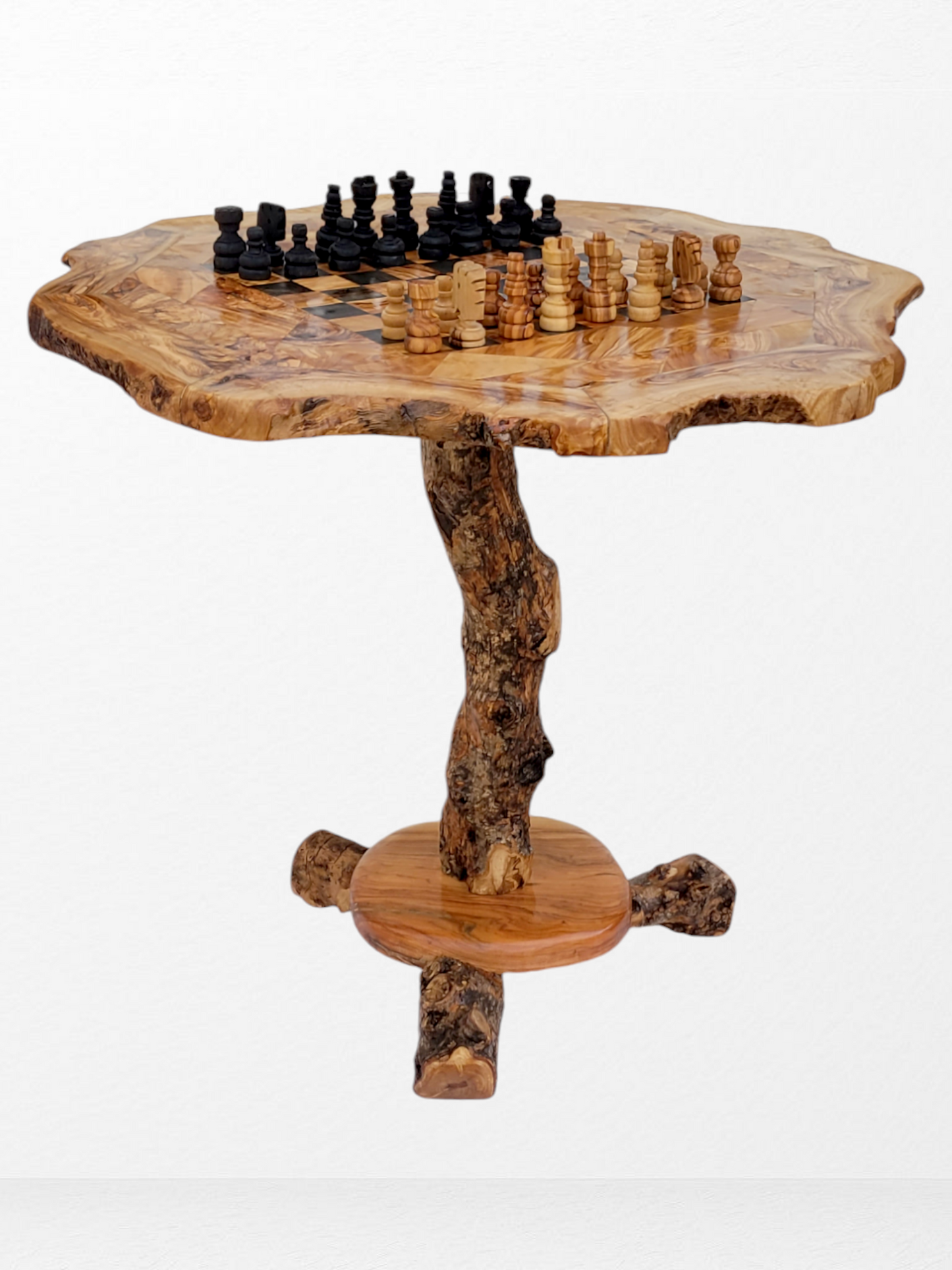 Large Chess Table with Built-in Storage and chess pieces ,Rustic Coffee Table Design – Natural Edge