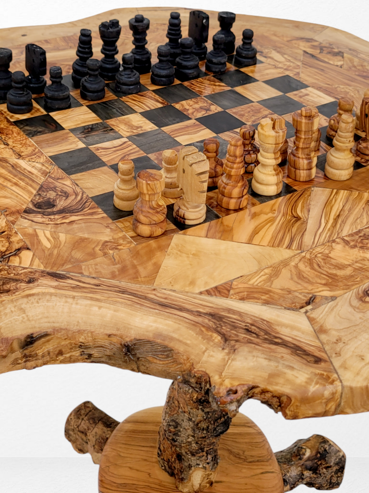 Large Chess Table with Built-in Storage and chess pieces ,Rustic Coffee Table Design – Natural Edge