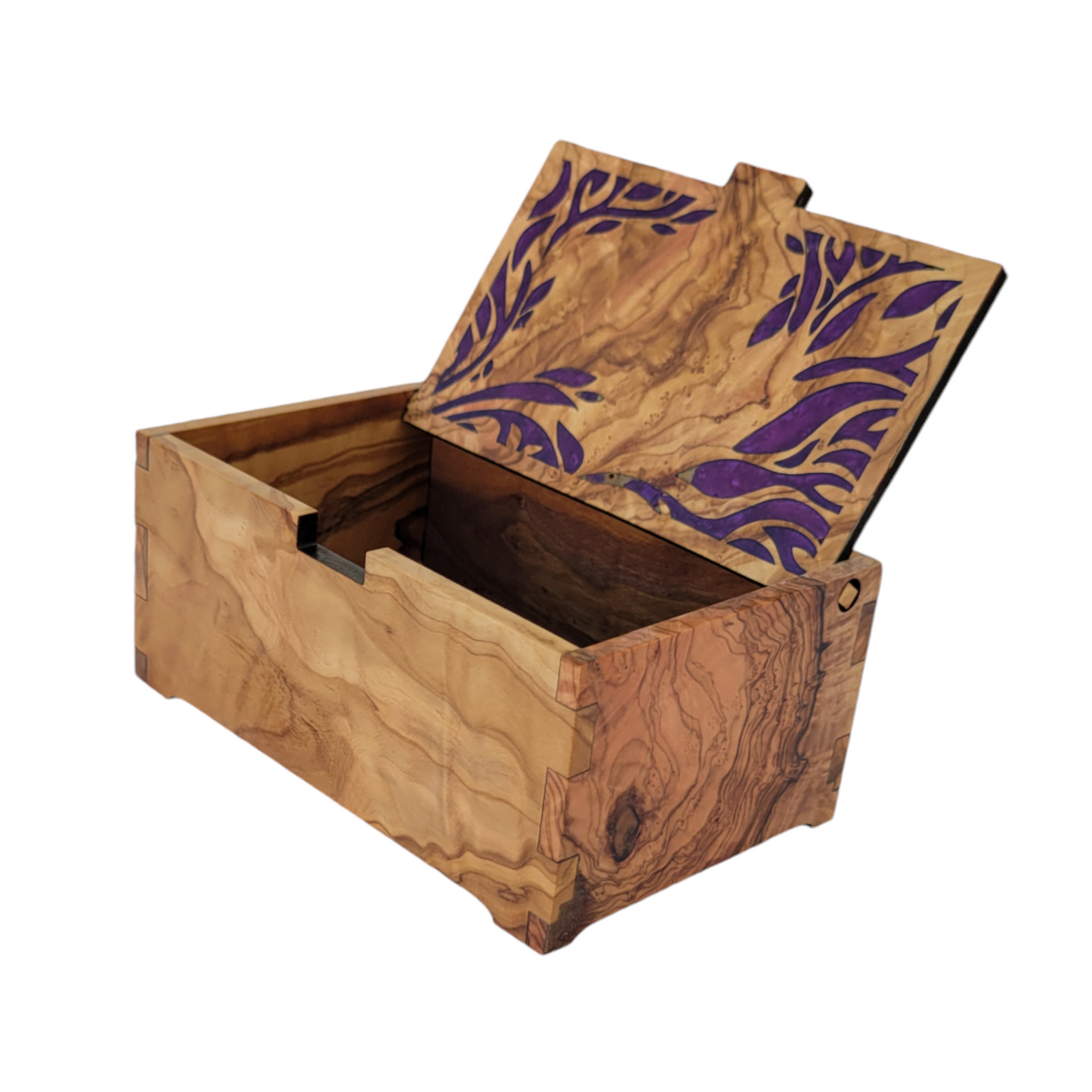 Olive Wood Keepsake Box with resin Purple Leaf Inlay, Olivewood jewelry box, Handcrafted treasure chest, Wooden keepsake box.