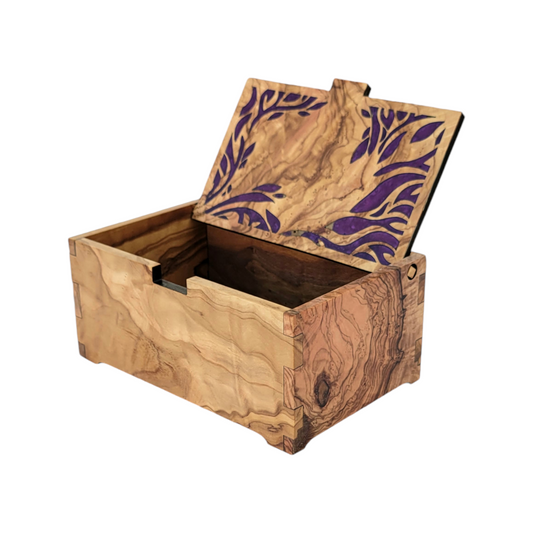 Olive Wood Keepsake Box with resin Purple Leaf Inlay, Olivewood jewelry box, Handcrafted treasure chest, Wooden keepsake box.