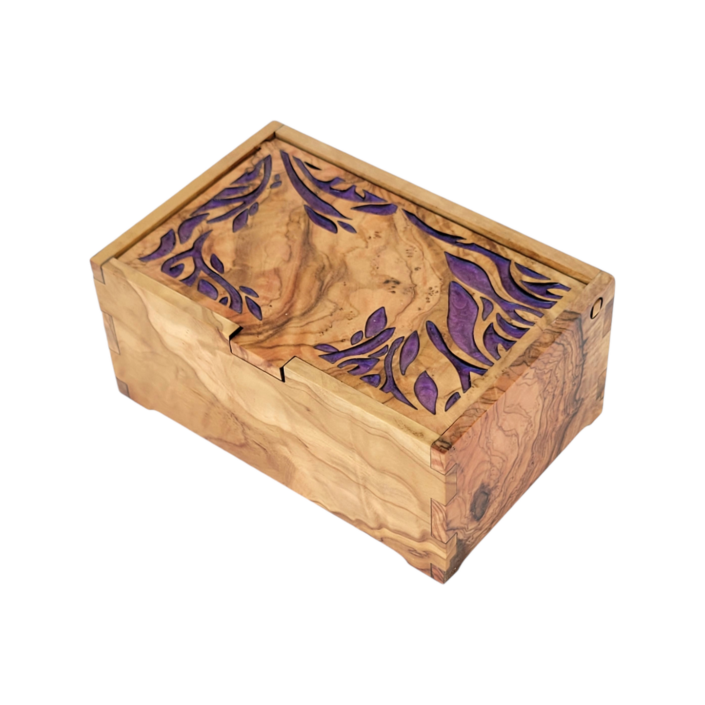 Olive Wood Keepsake Box with resin Purple Leaf Inlay, Olivewood jewelry box, Handcrafted treasure chest, Wooden keepsake box.