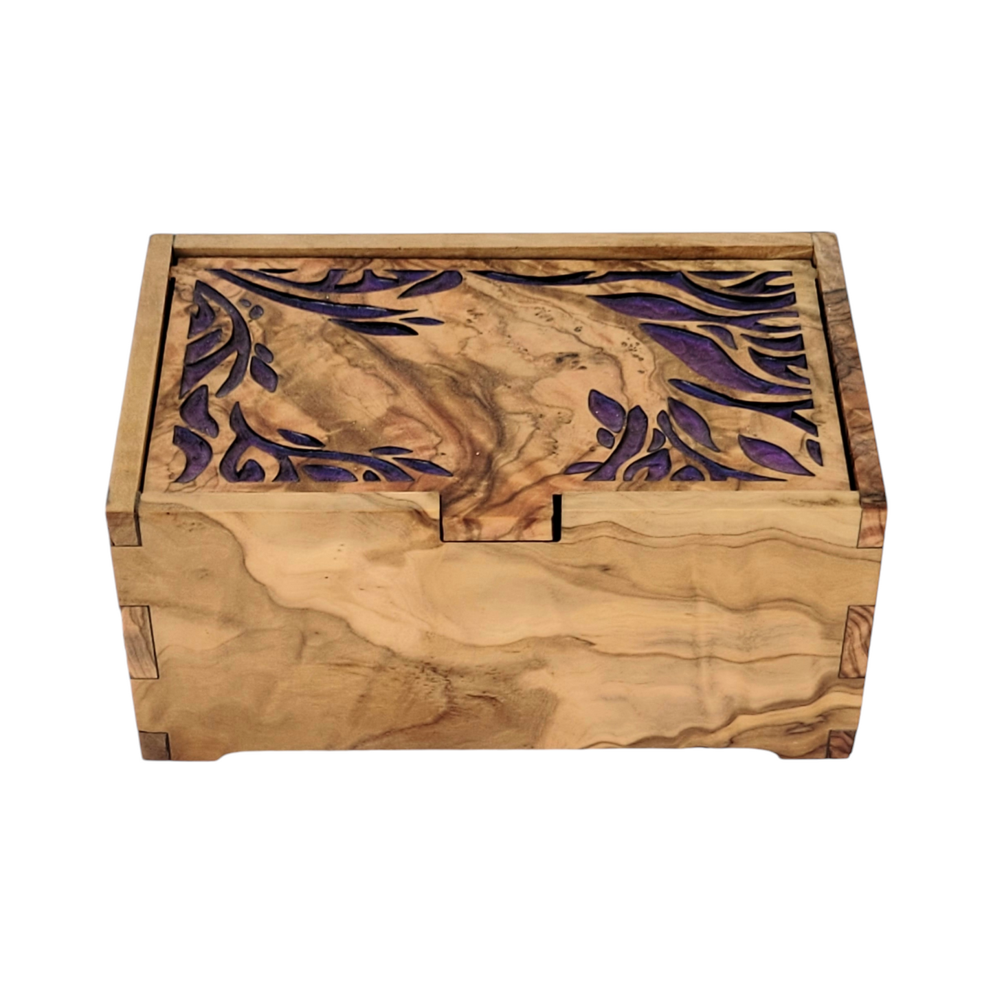 Olive Wood Keepsake Box with resin Purple Leaf Inlay, Olivewood jewelry box, Handcrafted treasure chest, Wooden keepsake box.