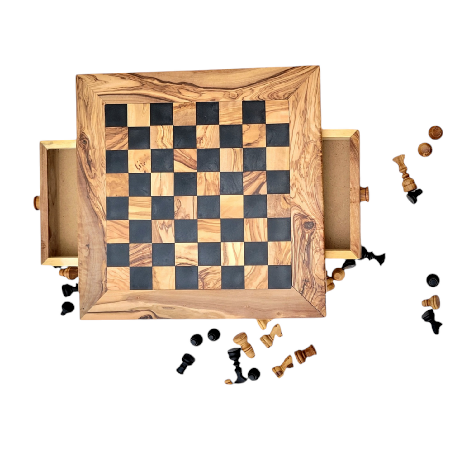 squared Olive Wood and Black Resin Chessboard with Storage Drawers and Playing Pieces