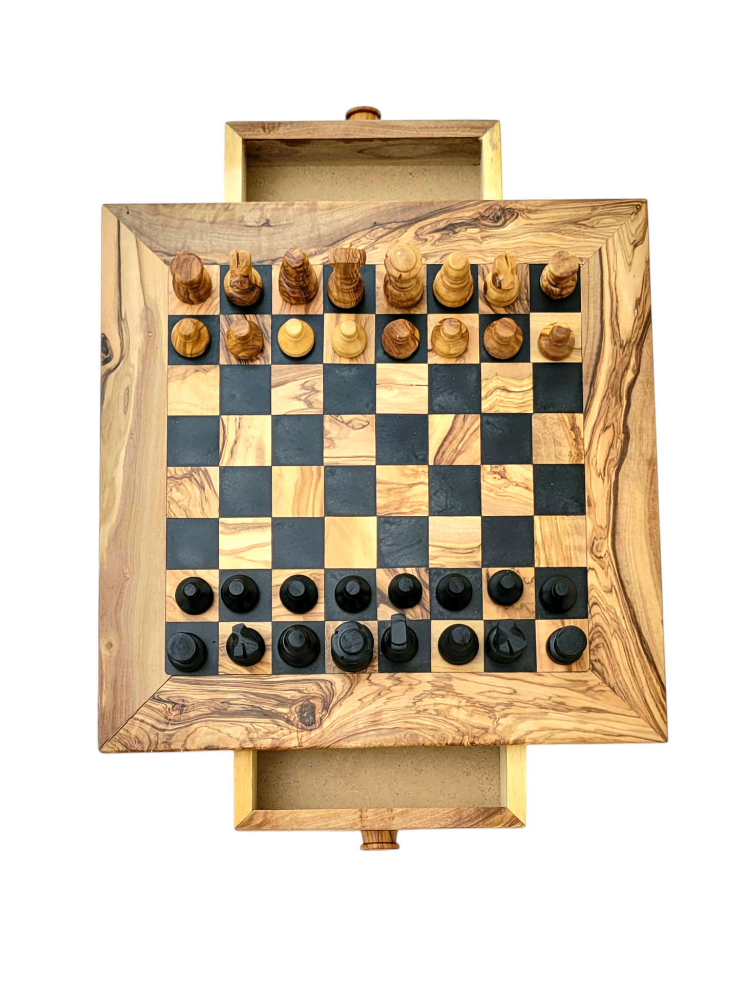 squared Olive Wood and Black Resin Chessboard with Storage Drawers and Playing Pieces