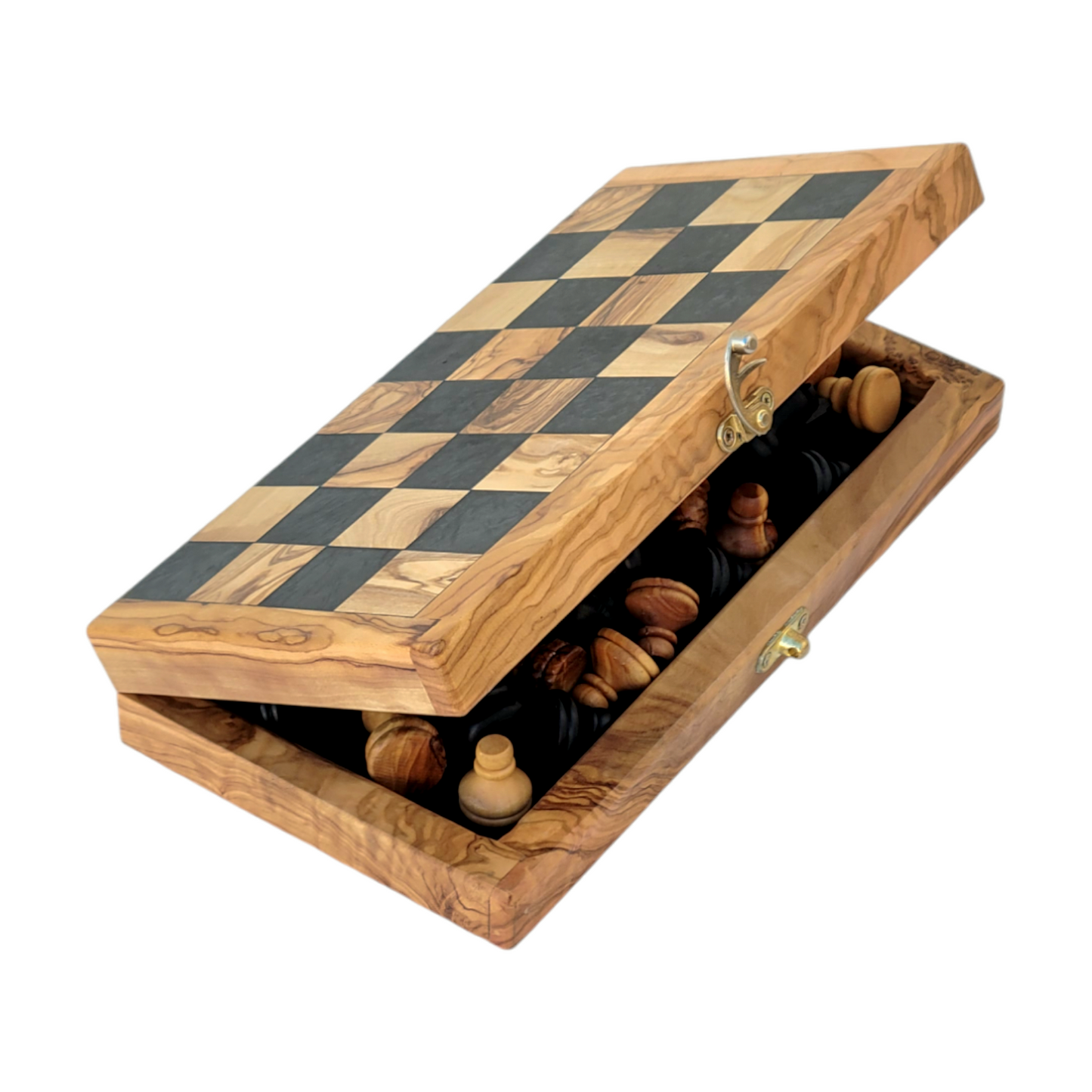 Handmade Olive Wood Chess Set – Foldable, Unique Rustic Design, Elegant Wooden Storage box, gift idea