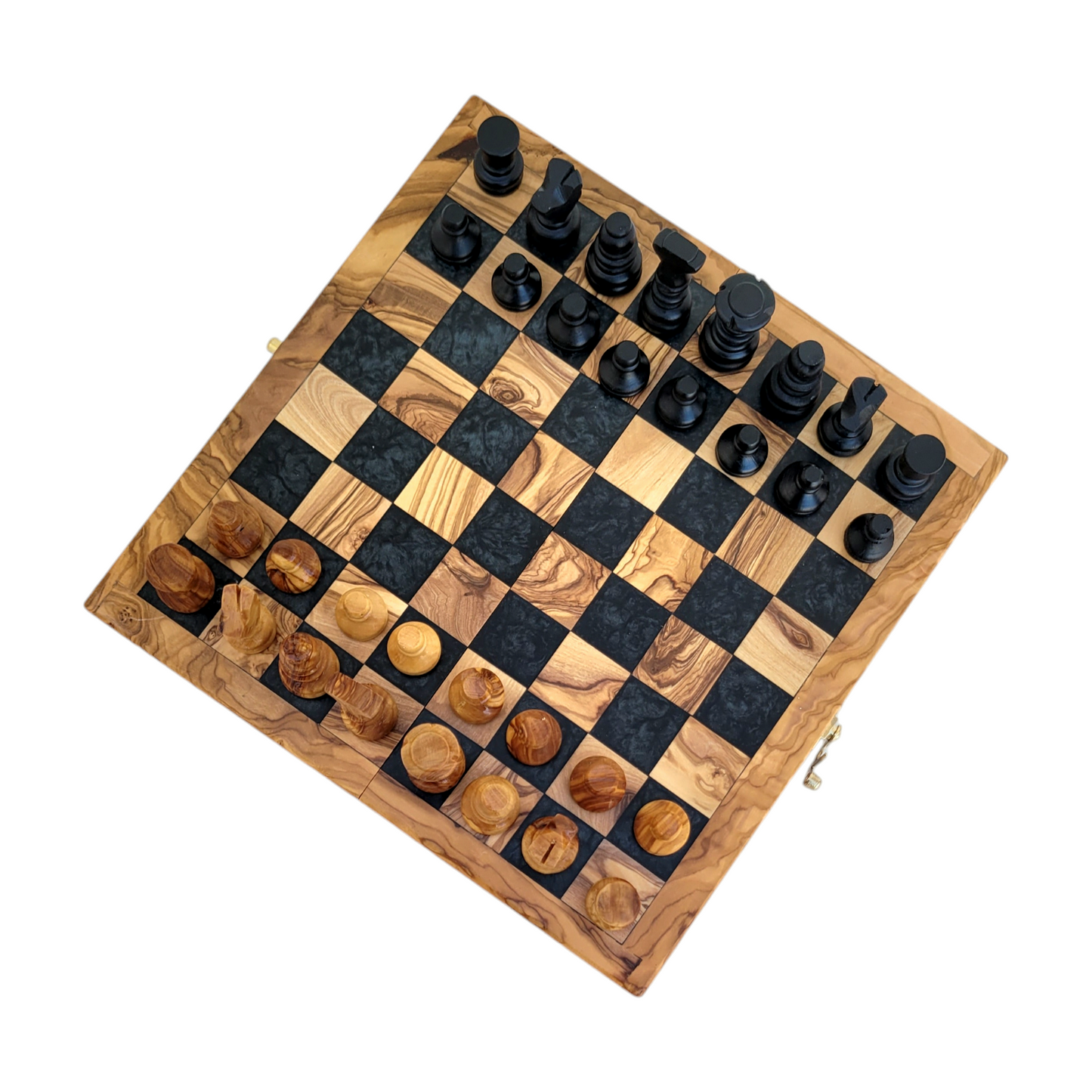 Handmade Olive Wood Chess Set – Foldable, Unique Rustic Design, Elegant Wooden Storage box, gift idea