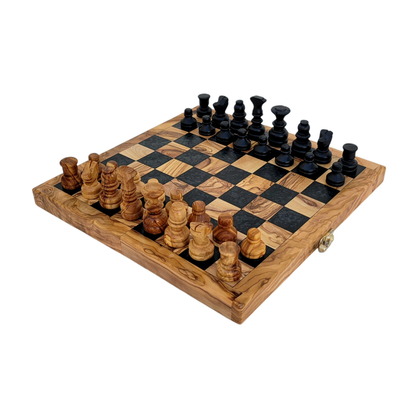 Handmade Olive Wood Chess Set – Foldable, Unique Rustic Design, Elegant Wooden Storage box, gift idea