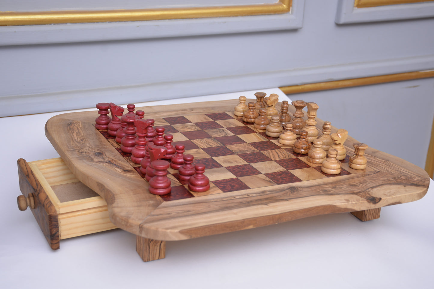 Olive Wood and Red Resin Chessboard with Storage Drawers and Playing Pieces