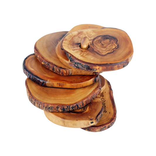 Handmade Olive Wood Coasters with Holder – Set of 6wooden coasters