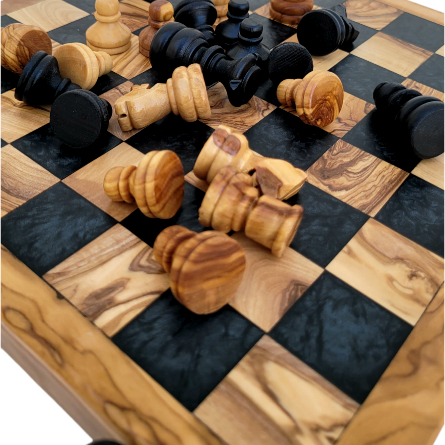 Handmade Olive Wood Chess Set – Foldable, Unique Rustic Design, Elegant Wooden Storage box, gift idea