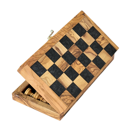 Handmade Olive Wood Chess Set – Foldable, Unique Rustic Design, Elegant Wooden Storage box, gift idea