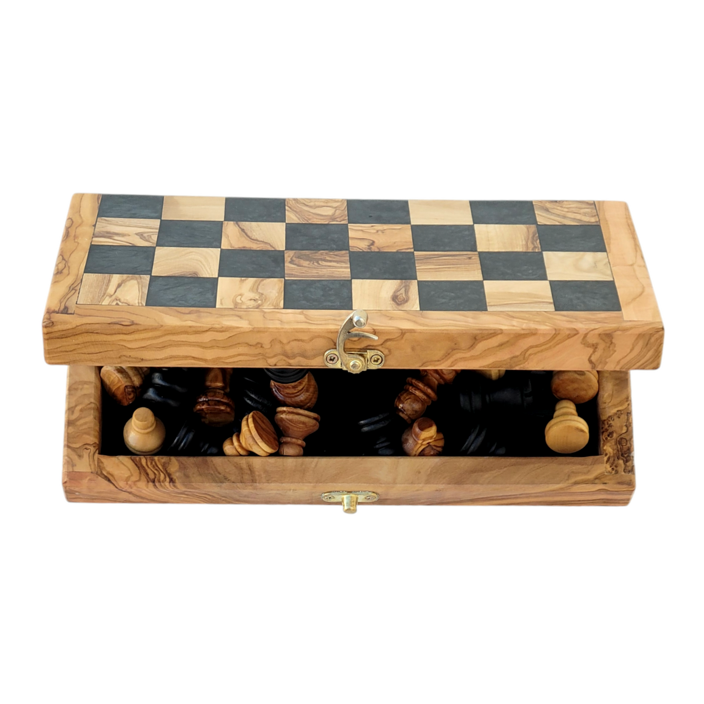 Handmade Olive Wood Chess Set – Foldable, Unique Rustic Design, Elegant Wooden Storage box, gift idea