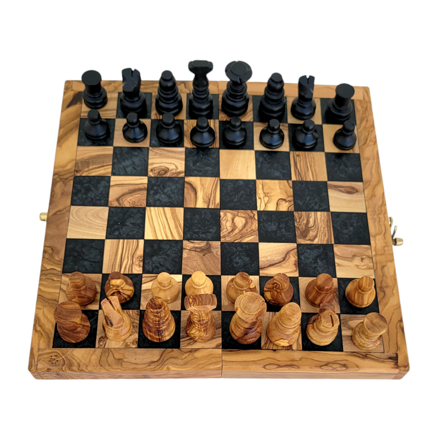 Handmade Olive Wood Chess Set – Foldable, Unique Rustic Design, Elegant Wooden Storage box, gift idea