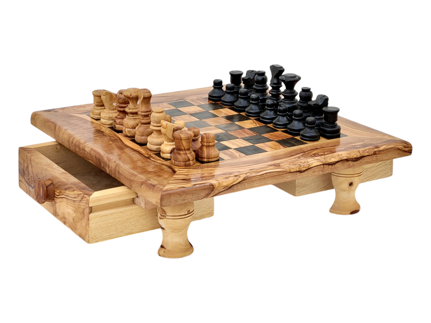 squared Olive Wood and Black Resin Chessboard with Storage Drawers and Playing Pieces